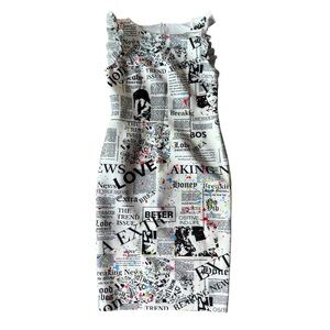 NYC Boutique Art To Wear Medium Sheath Dress Newsprint Ruffle Accent Scuba